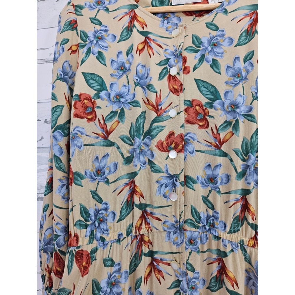 Liz Claiborne Vintage Floral Midi Dress Tan Blue Bird of Paradise Rayon Size 12 - Picture 2 of 8